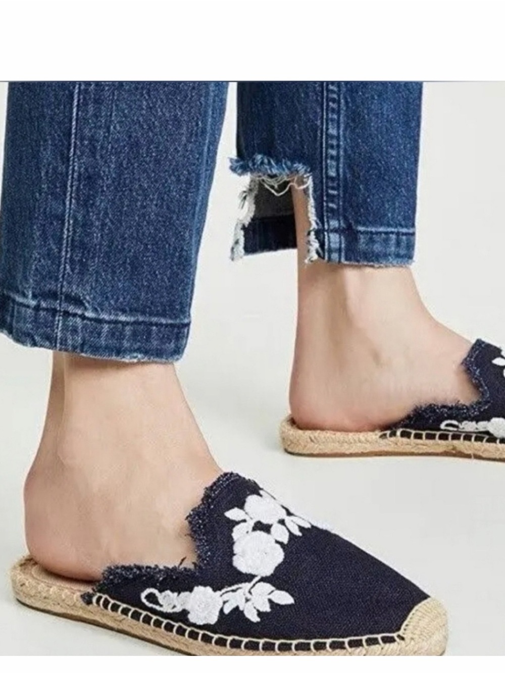Women's Navy Embroidered Slip-On Espadrille Mule